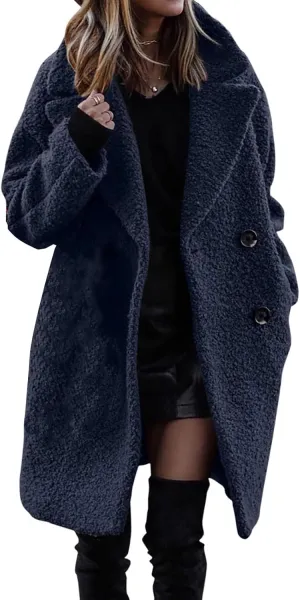 2023 Fuzzy Fleece Winter Coat for Women Lapel Long Sleeve Button Down Outwear Warm Faux Fur Overcoat Sherpa Jackets
