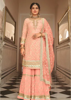 Blush Peach Sequins Embellished Wedding Wear Gharara Style Suit