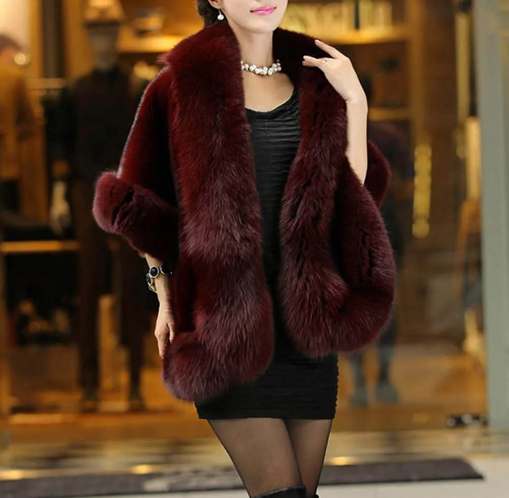 Caracilia Women Luxury Faux Fur Coat Jackets Wrap Cape Shawl for Wedding Party