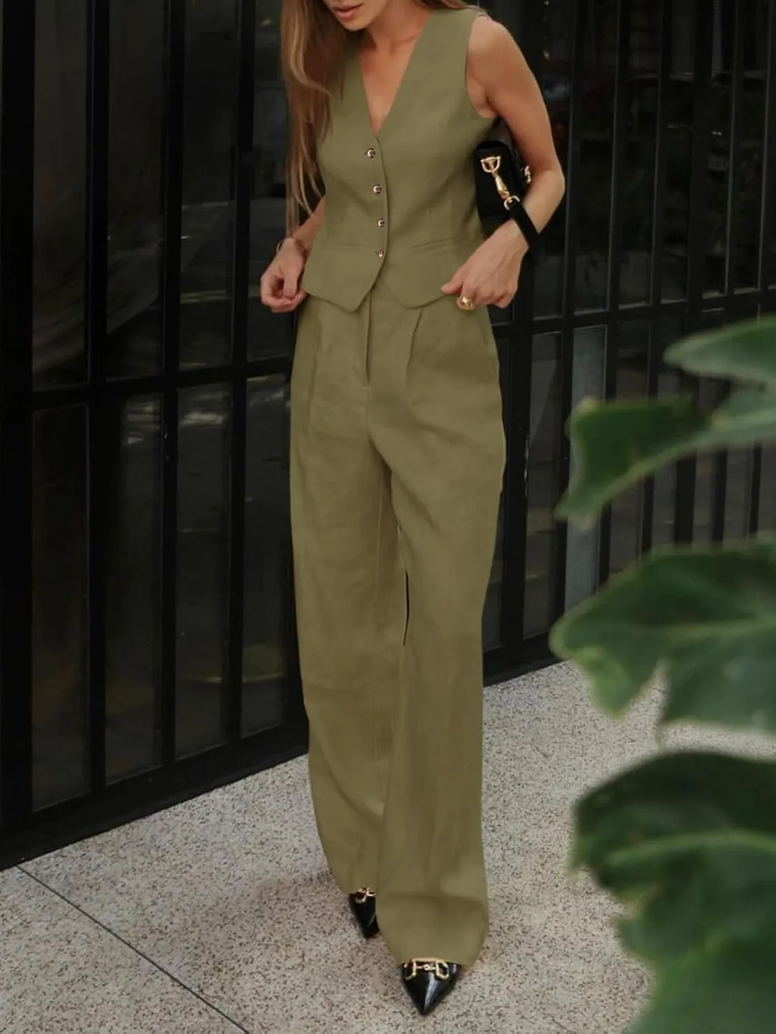 Cicy Bell Women's 2 Piece Outfits Crop Vest and Wide Leg Suit Pants Sets V Neck Blazer Suit
