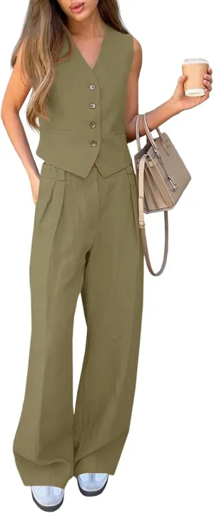 Cicy Bell Women's 2 Piece Outfits Crop Vest and Wide Leg Suit Pants Sets V Neck Blazer Suit