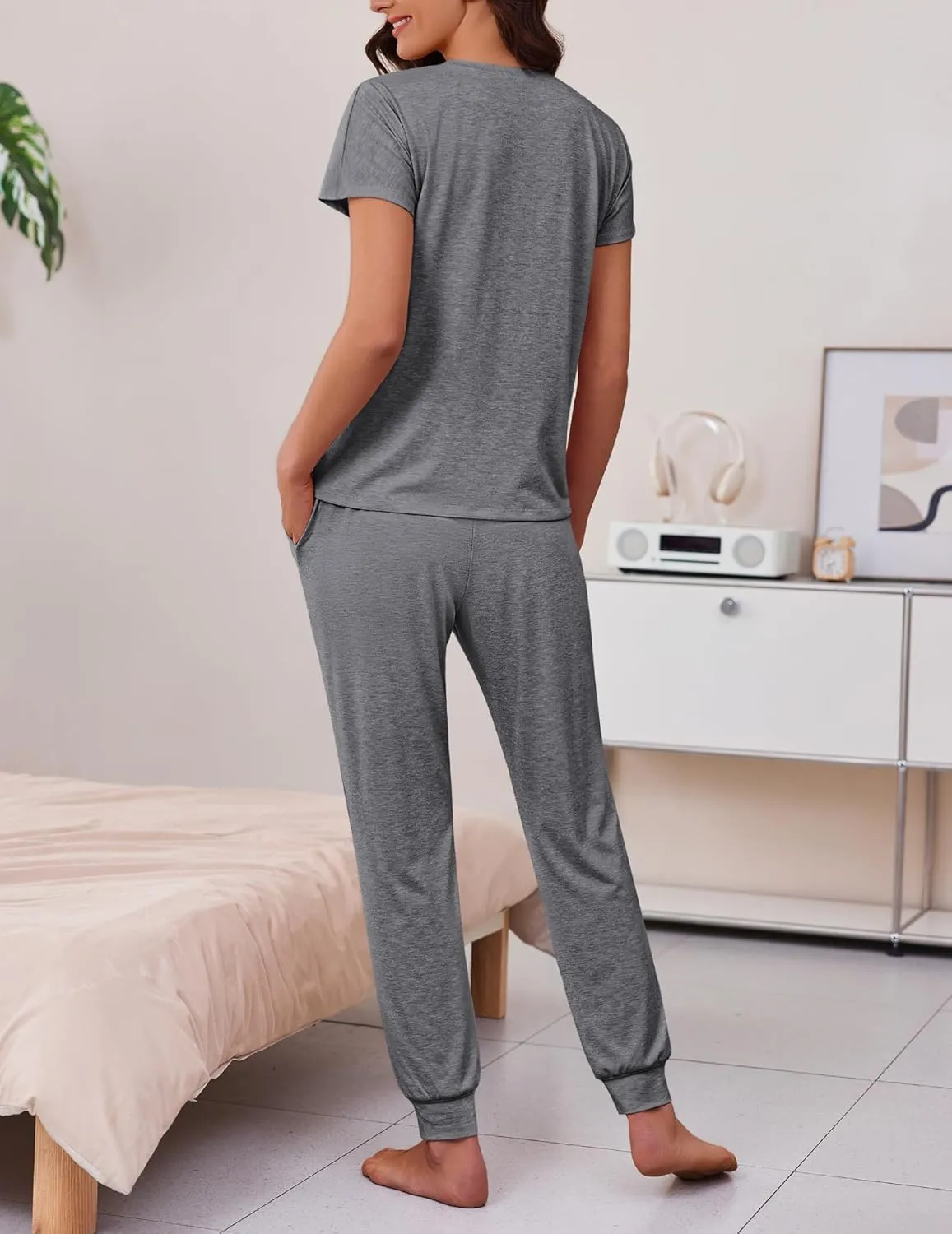 Ekouaer 2 pack Pajama Sets for Womens Jogger Pants Pjs Short Sleeves Lounge Set Soft Sleepwear with Pockets