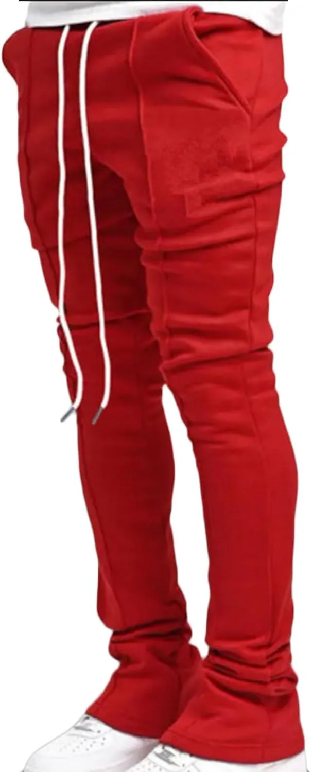 Men Y2K Stacked Sweatpants Casual Slim Fit Flared Drawstring Elastic Waist Jogger Pant Athletic Trousers with Pocket