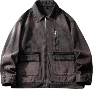 Men's Denim Jacket Retro Loose American Workwear Casual Coat for Men