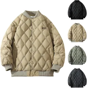 Men's Lightweight Diamond Bomber Jacket Loose Button Quilted Down Coats Winter Padded Down Thicken Warm Outwear