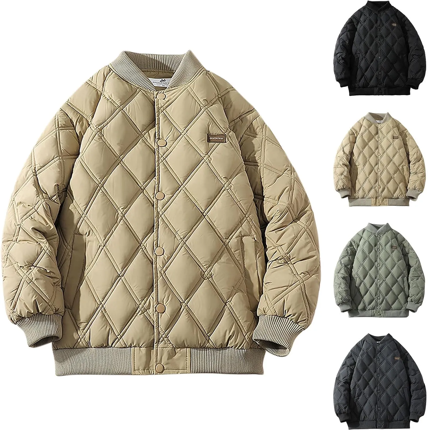 Men's Lightweight Diamond Bomber Jacket Loose Button Quilted Down Coats Winter Padded Down Thicken Warm Outwear