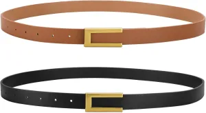 SANSTHS 2 Pack Skinny Leather Belts for Women, Ladies Thin Waist Belt for Dresses Jeans Pants with Gold Buckle