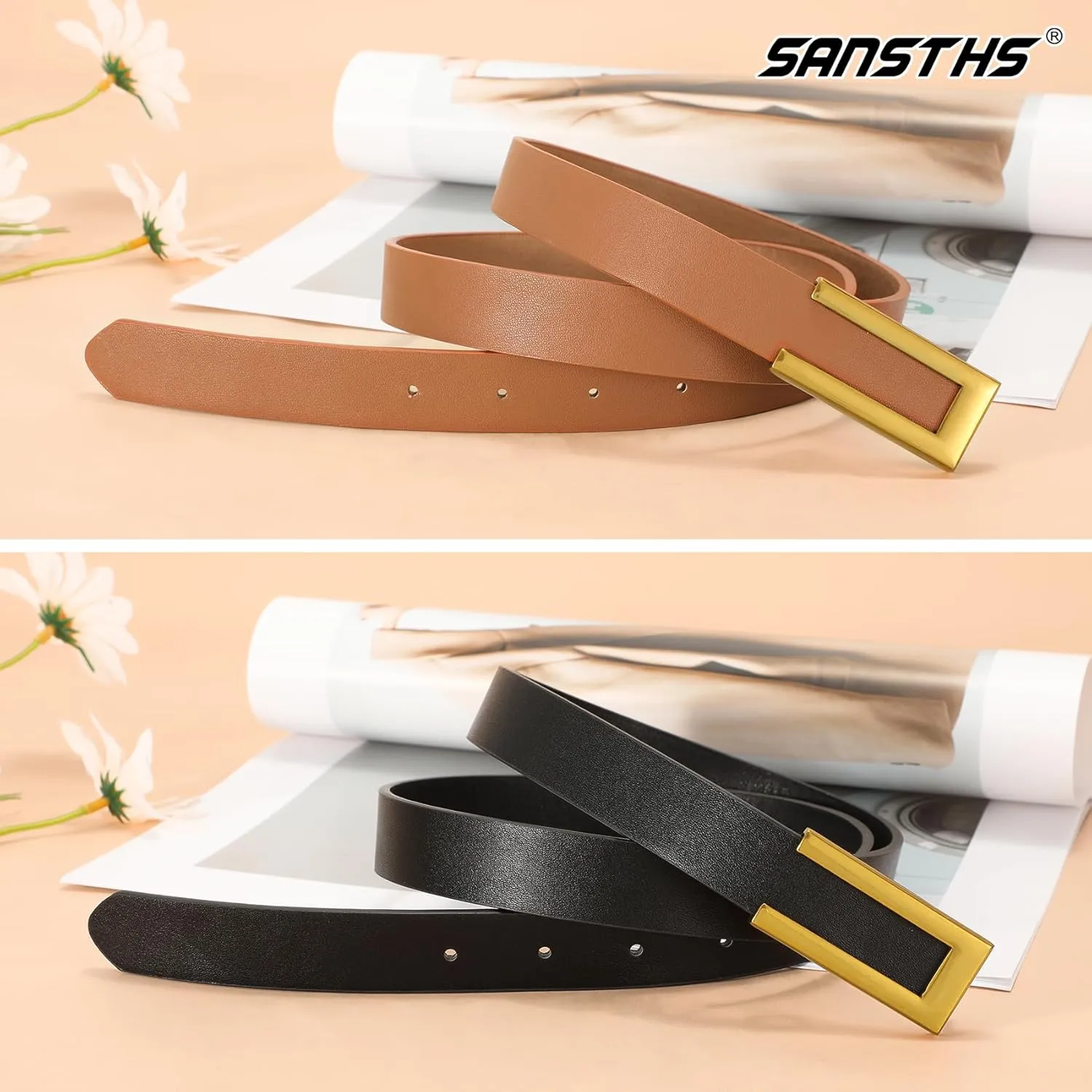 SANSTHS 2 Pack Skinny Leather Belts for Women, Ladies Thin Waist Belt for Dresses Jeans Pants with Gold Buckle