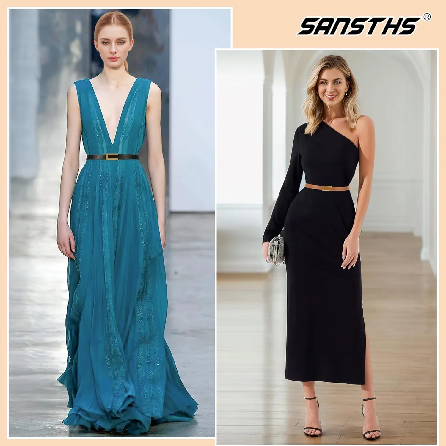 SANSTHS 2 Pack Skinny Leather Belts for Women, Ladies Thin Waist Belt for Dresses Jeans Pants with Gold Buckle
