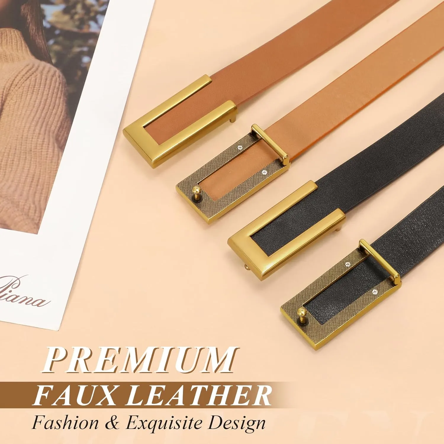 SANSTHS 2 Pack Skinny Leather Belts for Women, Ladies Thin Waist Belt for Dresses Jeans Pants with Gold Buckle