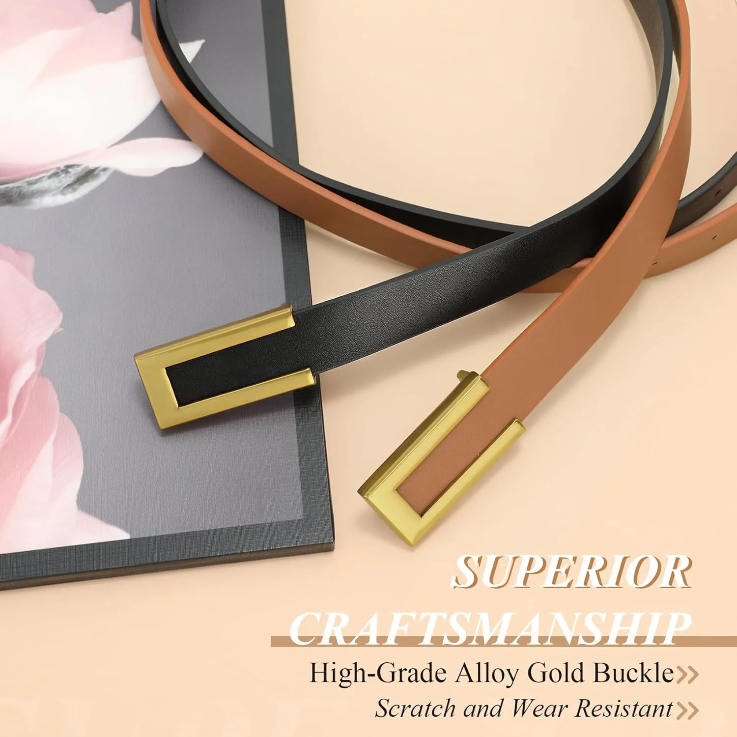 SANSTHS 2 Pack Skinny Leather Belts for Women, Ladies Thin Waist Belt for Dresses Jeans Pants with Gold Buckle