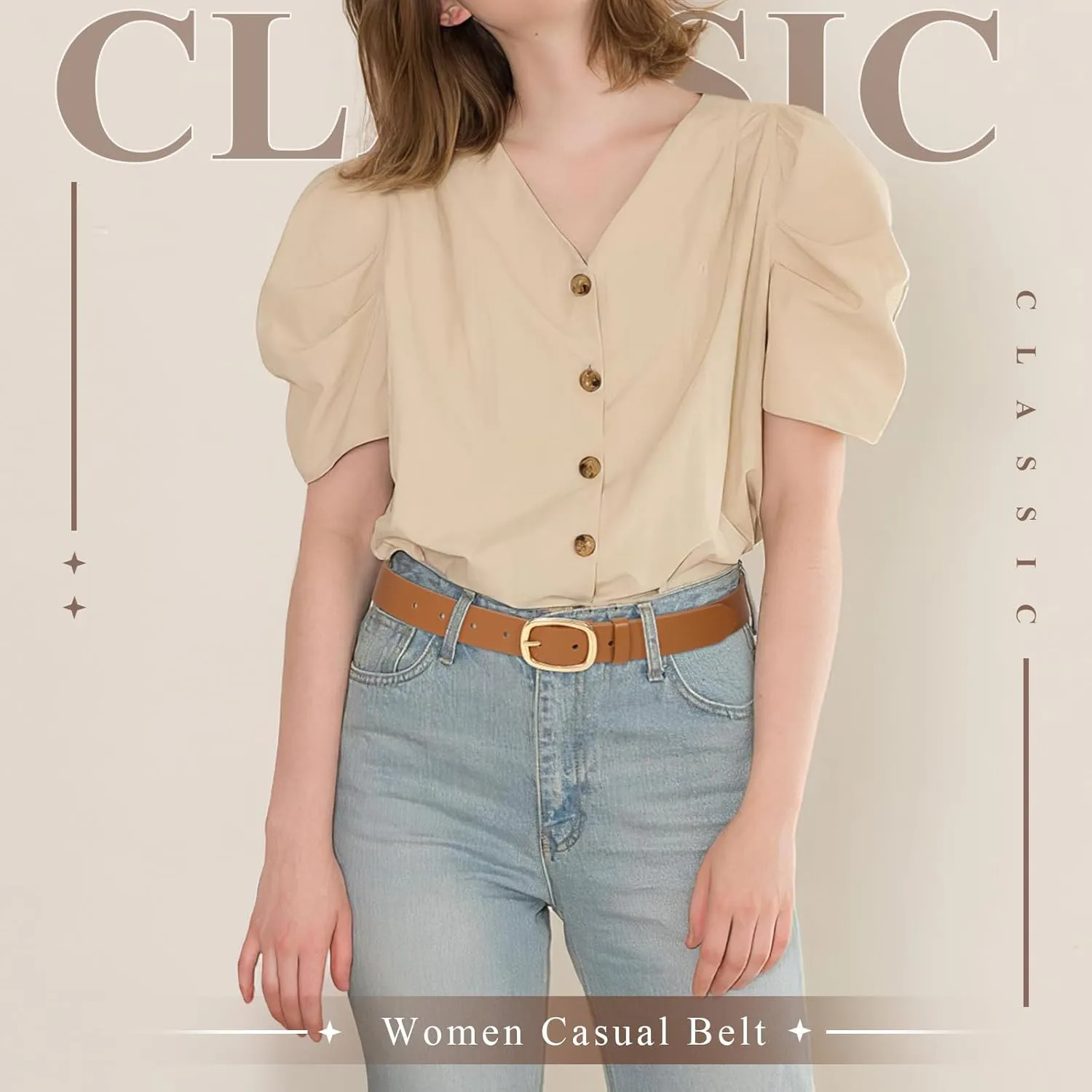 WHIPPY Women Leather Belt Casual Fashion Gold Buckle Leather Waist Belt for Jeans Pants Dresses Chic Ladies Belt
