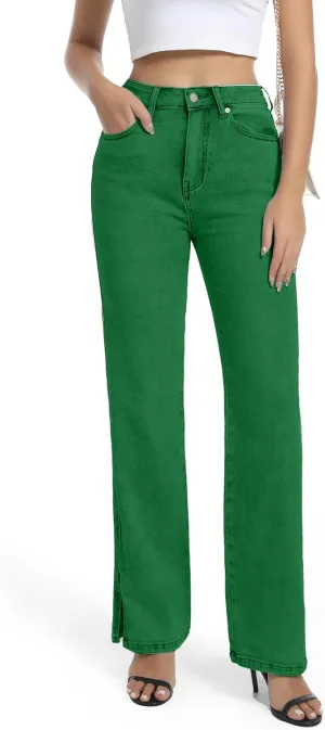 Womens Jeans High Waisted Stretchy Straight Leg Split Hem Jeans for Women Trendy Classic Denim