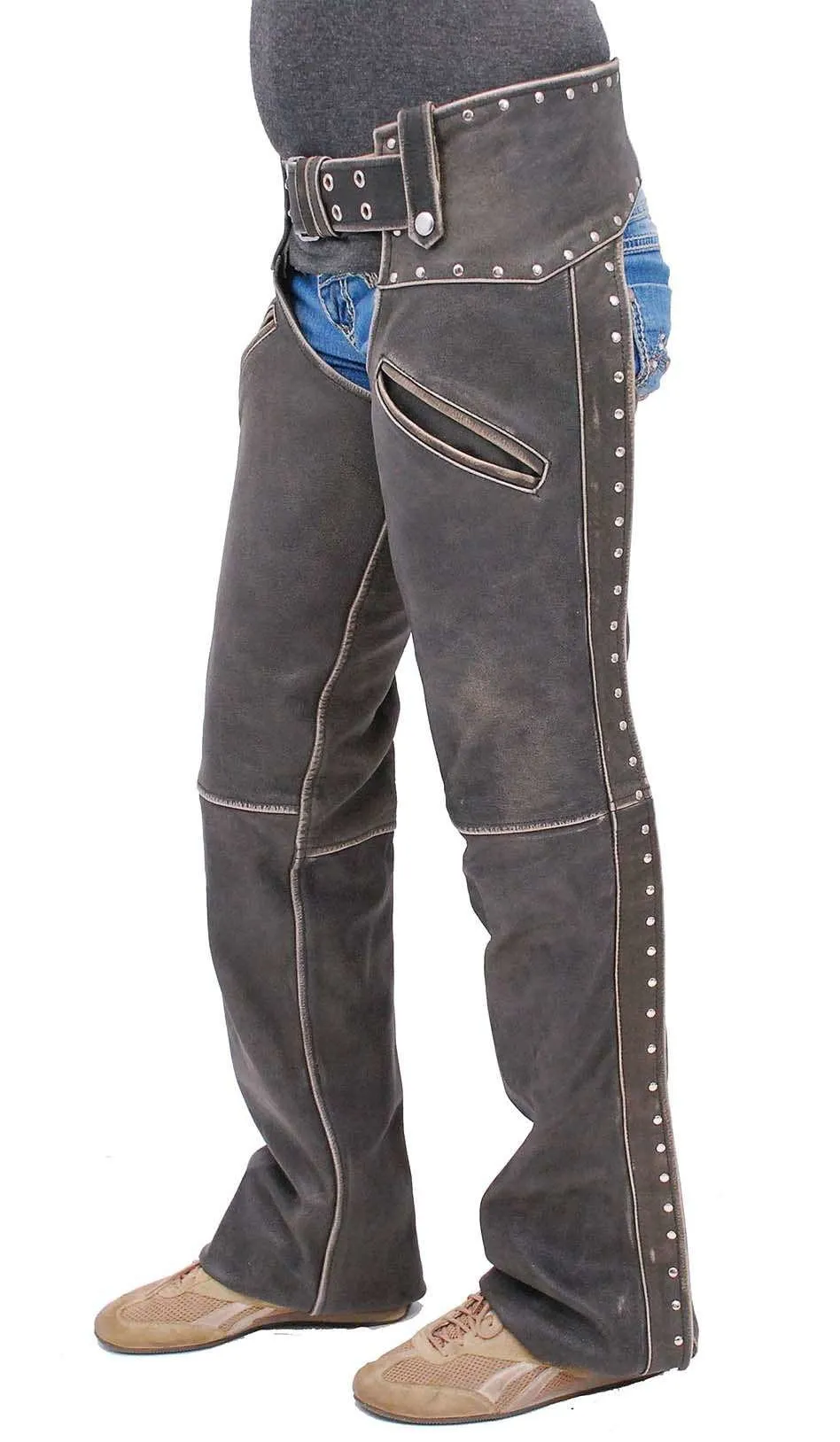 Women's Studded Trim Vintage Brown Chaps w/Pant Pockets #CA2801RDN ()