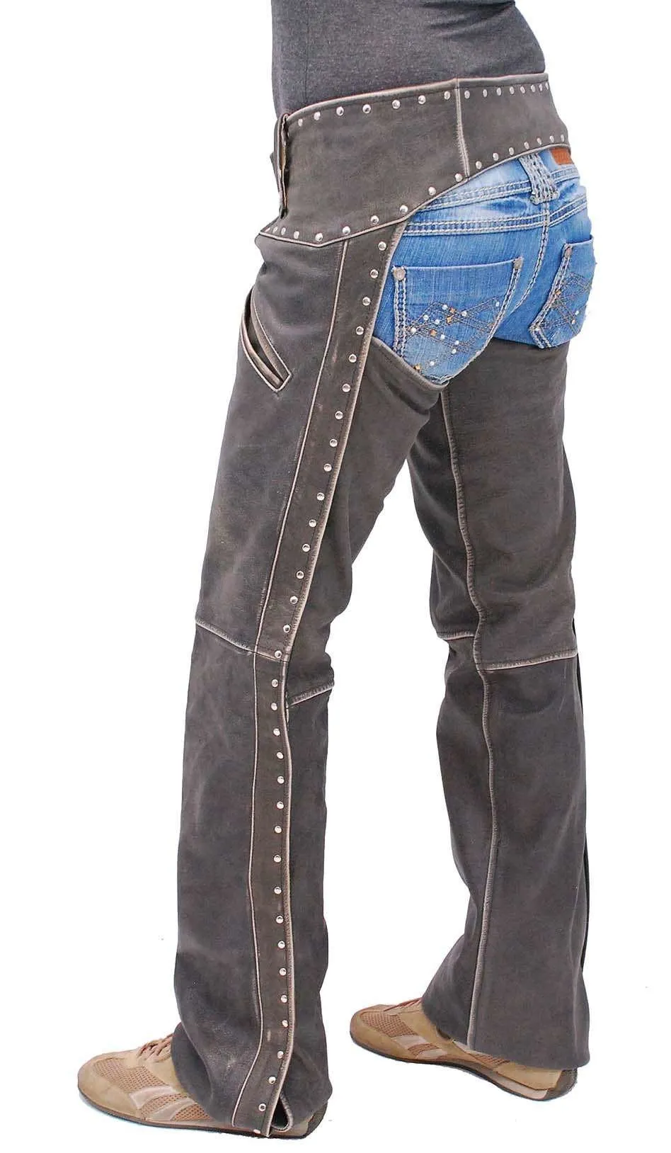 Women's Studded Trim Vintage Brown Chaps w/Pant Pockets #CA2801RDN ()